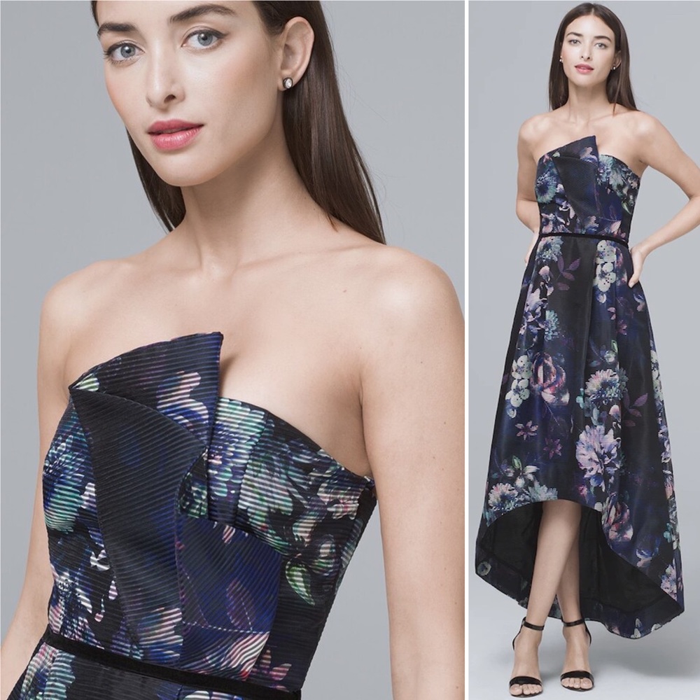 PARKER BLACK Printed Strapless High-Low Fit-And-Flare Dress - EUC